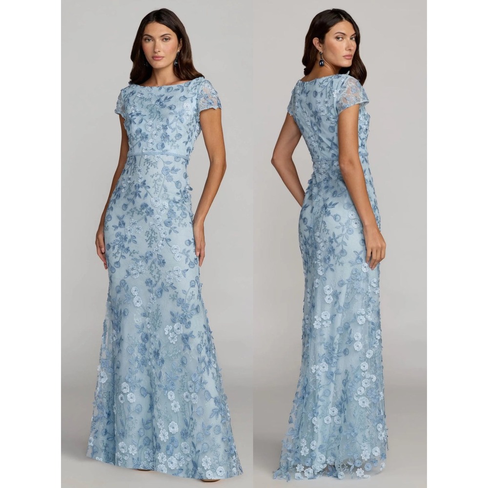 NWT Mac Duggal Blue Floral Applique Boat Neck Cap Sleeve Gown Sleeve $598 Size 4
